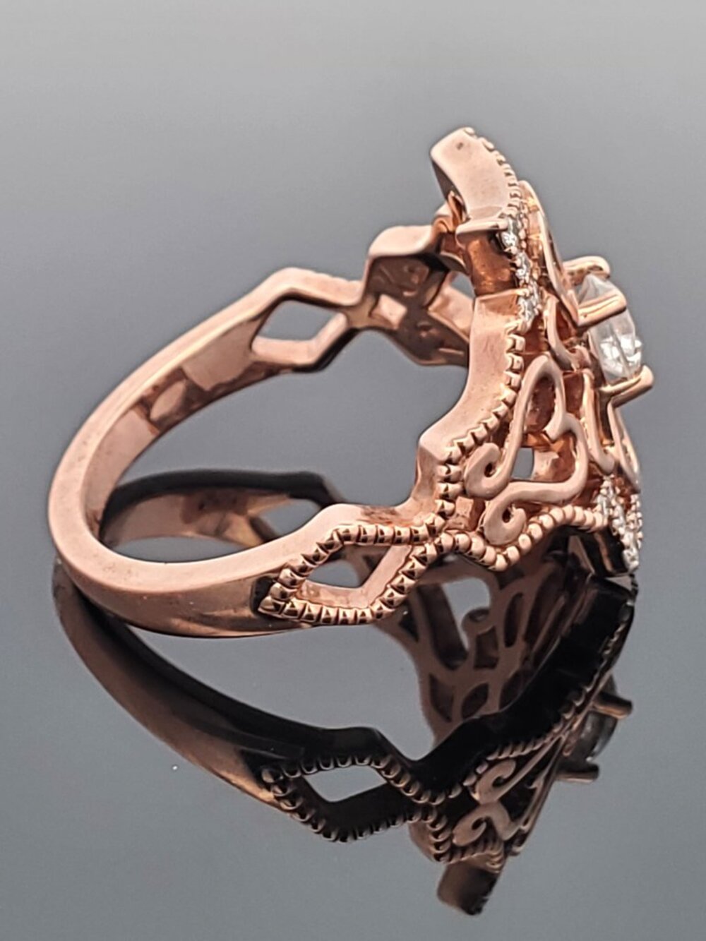 10K Rose Gold Diamond Flower Ring 0.65 CTW Round Diamonds Floral Filigree SZ 10 - Picture 13 of 16